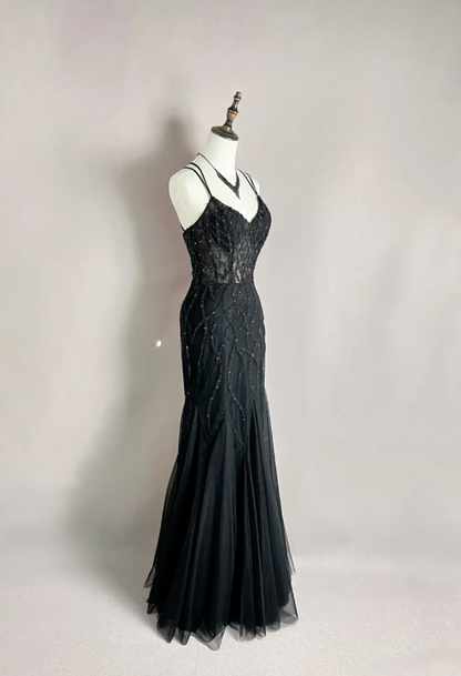Sexy Spaghetti Straps Mermaid Long Prom Dresses Tulle Black Evening Gowns ED05552