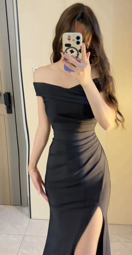 Sexy Off-shoulder Sheath Long Prom Dresses Satin Black Evening Gowns With Slits  ED05553