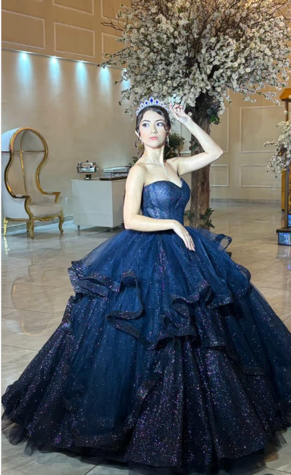 Fairy Strapless A-Line Long Prom Dresses Glitter Tulle Navy Blue Evening Gowns Sleeveless Birthday Dresses  ED05554