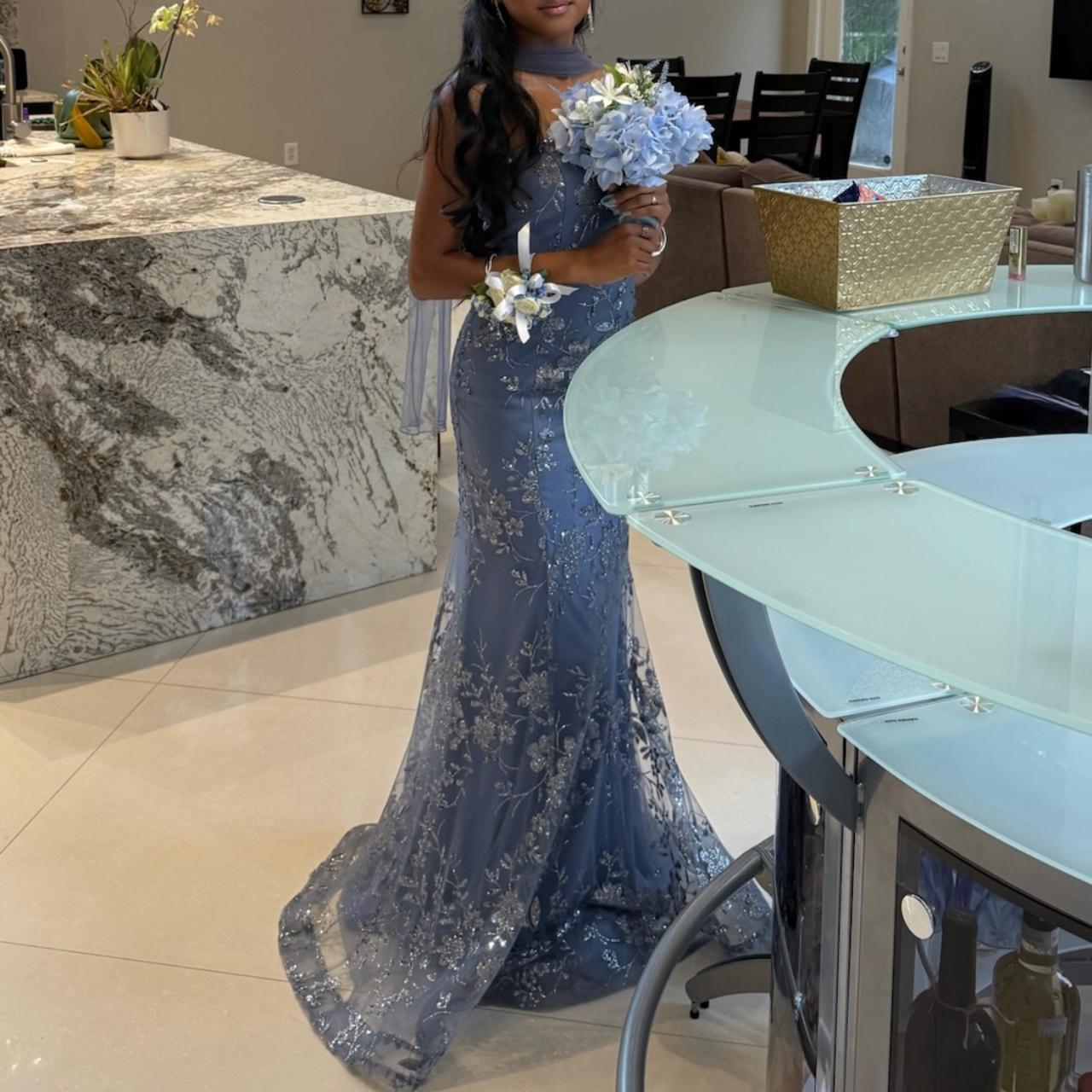 Glam Strapless Sheath Long Prom Dresses Glitter Tulle  Blue Evening Gowns Sleeveless Birthday Dresses ED05555