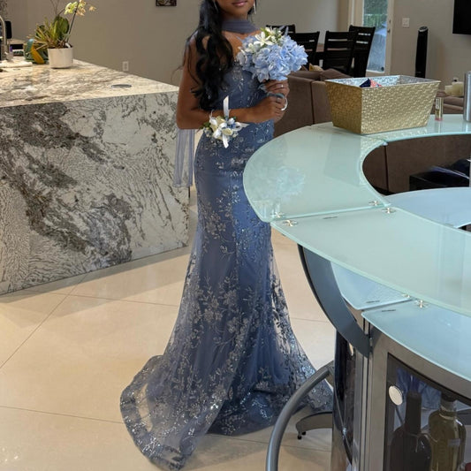 Glam Strapless Sheath Long Prom Dresses Glitter Tulle  Blue Evening Gowns Sleeveless Birthday Dresses ED05555