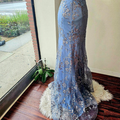 Glam Strapless Sheath Long Prom Dresses Glitter Tulle  Blue Evening Gowns Sleeveless Birthday Dresses ED05555