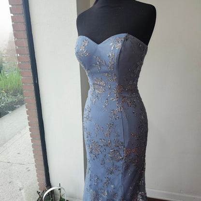 Glam Strapless Sheath Long Prom Dresses Glitter Tulle  Blue Evening Gowns Sleeveless Birthday Dresses ED05555