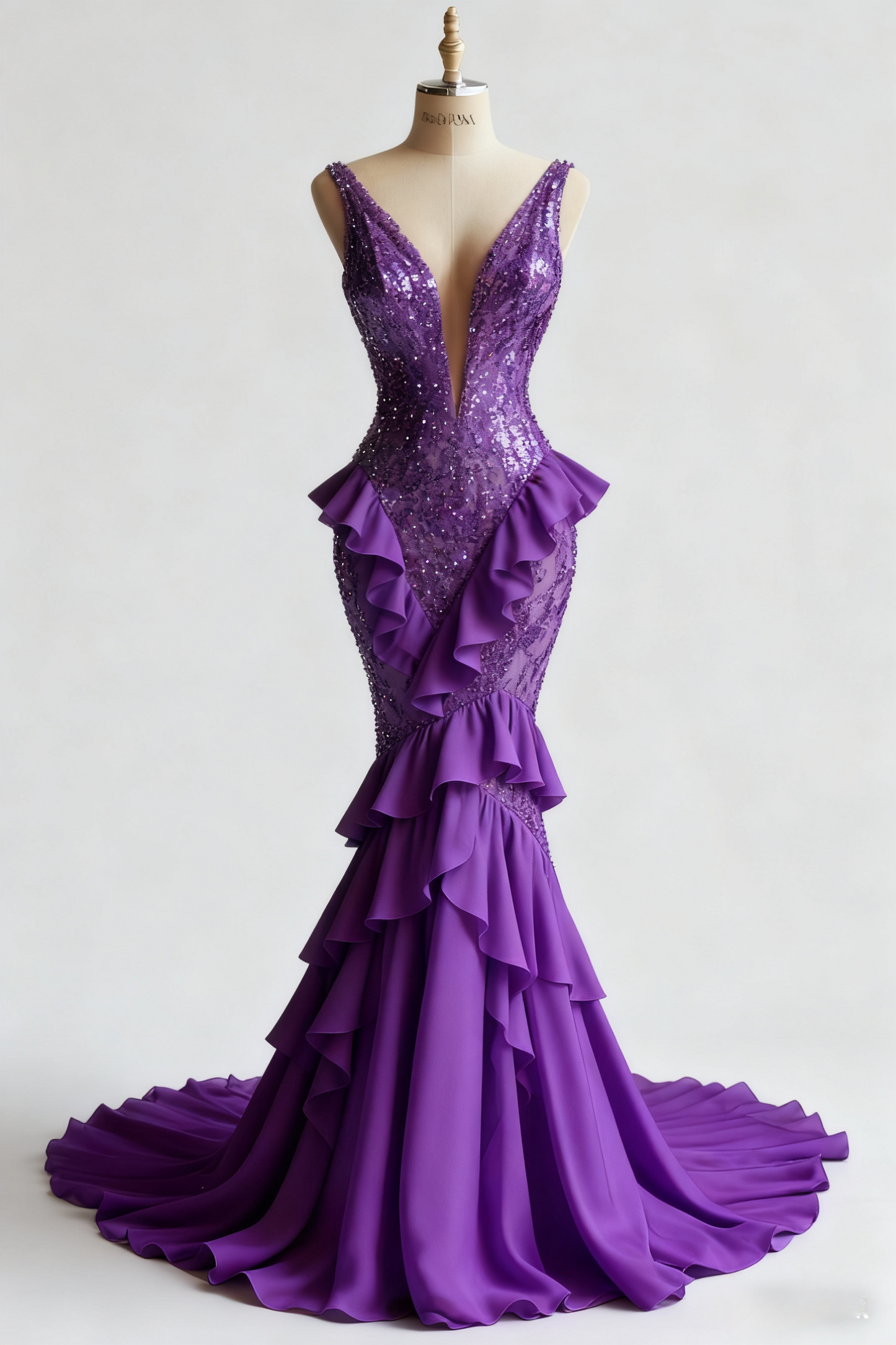 Glam V-neck Mermaid Long Prom Dresses Chiffon Beaded Purple Evening Gowns Sleeveless Birthday Dresses ED05556