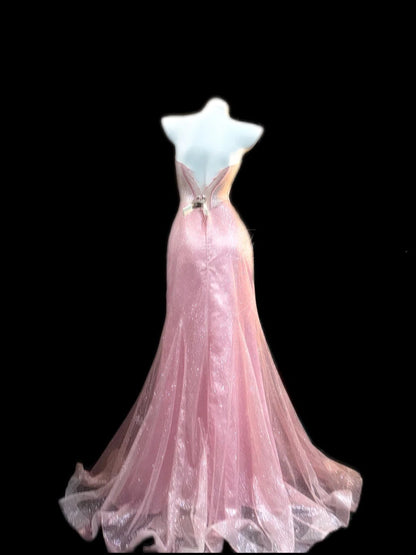 Gorgeous Sweetheart Mermaid Long Prom Dresses Tulle Pink Evening Gowns Sleeveless Birthday Dresses ED05557