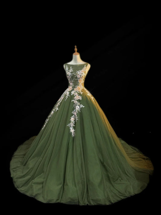 Gorgeous Bateau A-Line Long Prom Dresses Tulle Green Evening Gowns Sleeveless Birthday Dresses ED05558