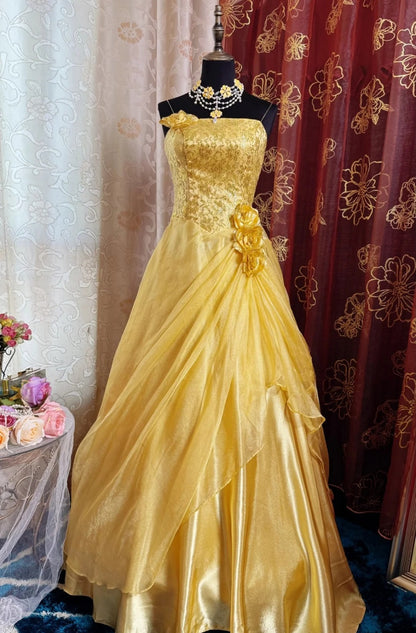 Gorgeous Spaghetti Straps A-Line Long Prom Dresses Satin Gold Quinceanera Dresses Sleeveless Gold Sweet 16 Dresses ED05559