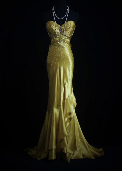 Chic Sweetheart Mermaid Long Prom Dresses Satin Yellow Evening Gowns Sleeveless Formal Dresses ED05560