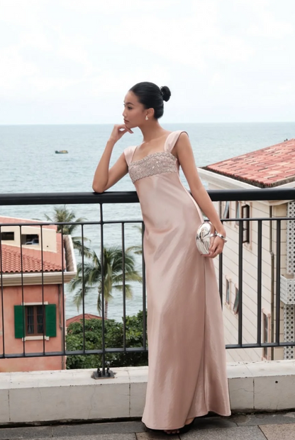 Chic Straps Sheath Long Prom Dresses Satin Pink Wedding Guest Dresses ED05561
