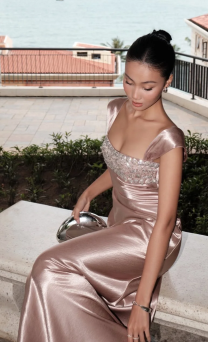 Chic Straps Sheath Long Prom Dresses Satin Pink Wedding Guest Dresses ED05561