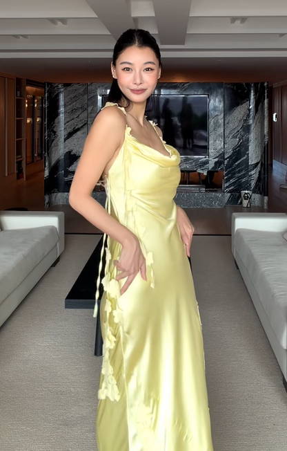 Chic Spaghetti Straps Sheath Long Prom Dresses Satin Yellow Wedding Guest Dresses ED05564