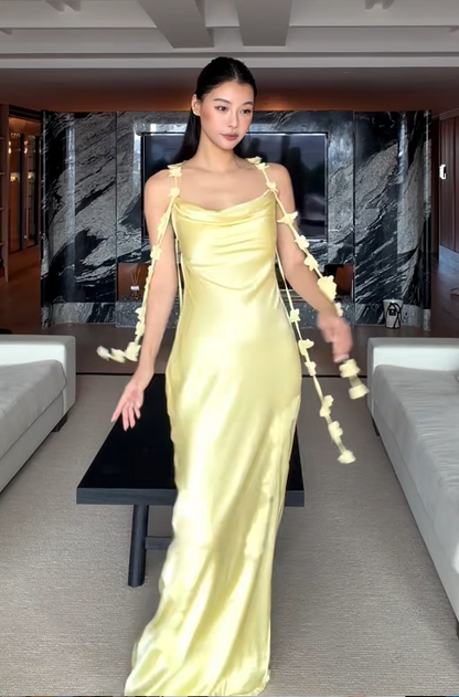 Chic Spaghetti Straps Sheath Long Prom Dresses Satin Yellow Wedding Guest Dresses ED05564
