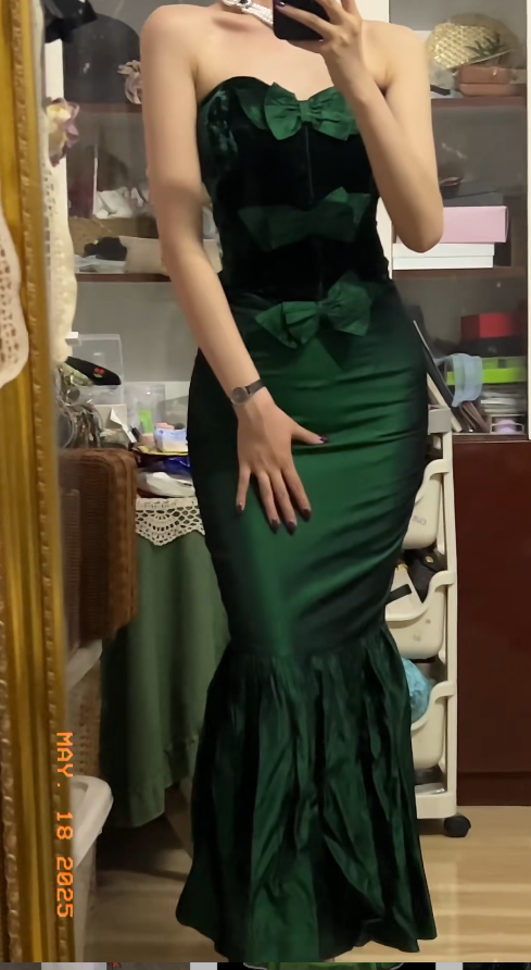 Chic Sweetheart Mermaid Long Prom Dresses Satin Dark Green Wedding Guest Dresses ED05565