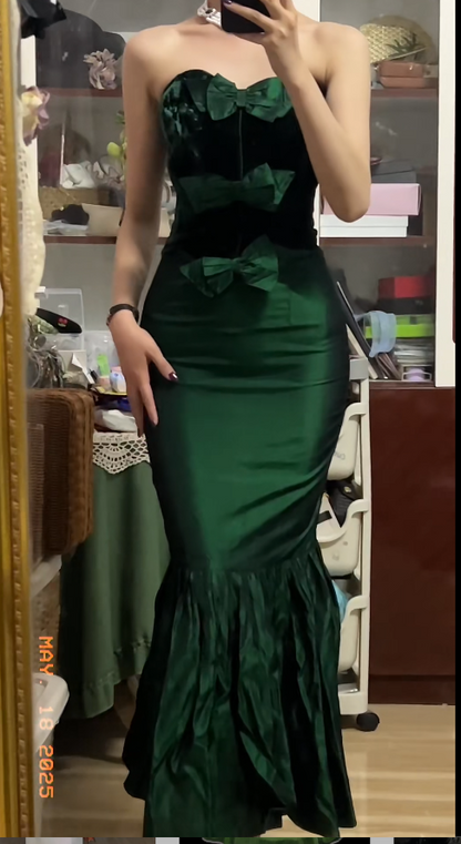 Chic Sweetheart Mermaid Long Prom Dresses Satin Dark Green Wedding Guest Dresses ED05565