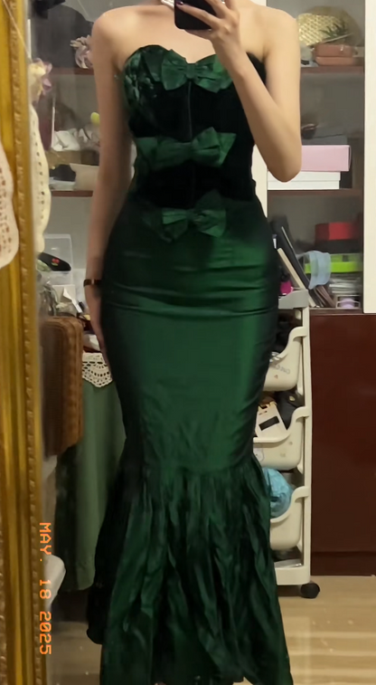 Chic Sweetheart Mermaid Long Prom Dresses Satin Dark Green Wedding Guest Dresses ED05565