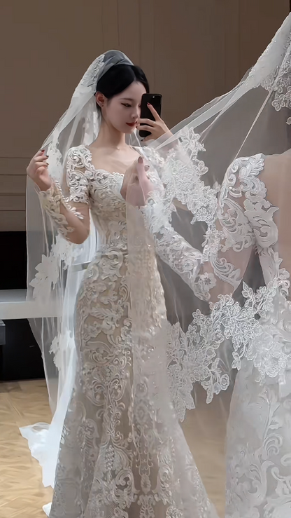 Gorgeous Sweetheart Mermaid Long Weddng Dresses Tulle Appliques White Bridal Gowns Long Sleeves Bridal Dresses ED05571