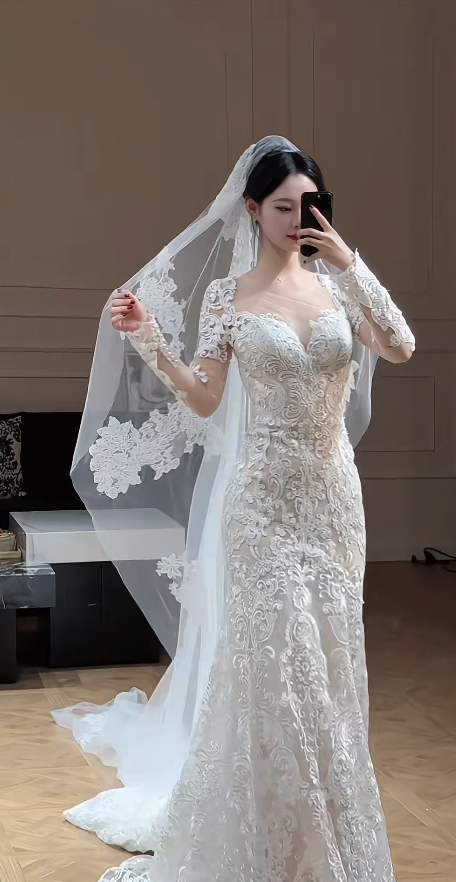 Gorgeous Sweetheart Mermaid Long Weddng Dresses Tulle Appliques White Bridal Gowns Long Sleeves Bridal Dresses ED05571