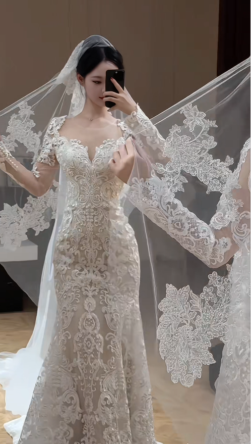 Gorgeous Sweetheart Mermaid Long Weddng Dresses Tulle Appliques White Bridal Gowns Long Sleeves Bridal Dresses ED05571