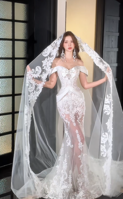 Simple Off-shoulder Mermaid Long Weddng Dresses Tulle Appliques White Bridal Gowns Sleeveless Bridal Dresses ED05574