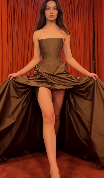 Chic Strapless A-Line Long Prom Dresses Satin Brown Evening Gowns Sleeveless Formal Dresses ED05576