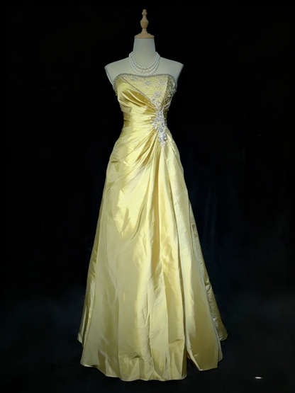 Chic  Strapless Sheath Long  Prom Dresses Applique Satin Yellow Evening Gowns Sleeveless Formal Dresses ED05578