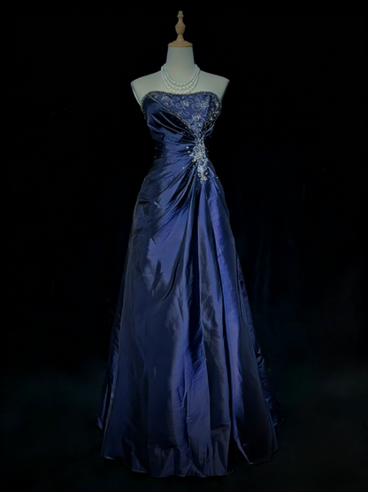 Chic  Strapless Sheath Long  Prom Dresses Applique Satin Navy Blue Evening Gowns Sleeveless Formal Dresses ED05578