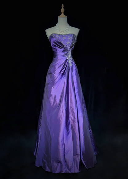 Chic  Strapless Sheath Long  Prom Dresses Applique Satin Purple Evening Gowns Sleeveless Formal Dresses ED05578