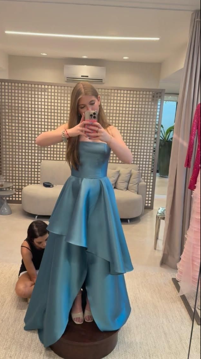 Chic Strapless A-Line Long  Prom Dresses Satin Blue Evening Gowns Sleeveless Formal Dresses ED05579