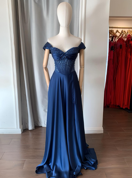 Chic Straps A-Line Long  Prom Dresses Beaded Satin Navy Blue Evening Gowns Sleeveless Formal Dresses ED05580