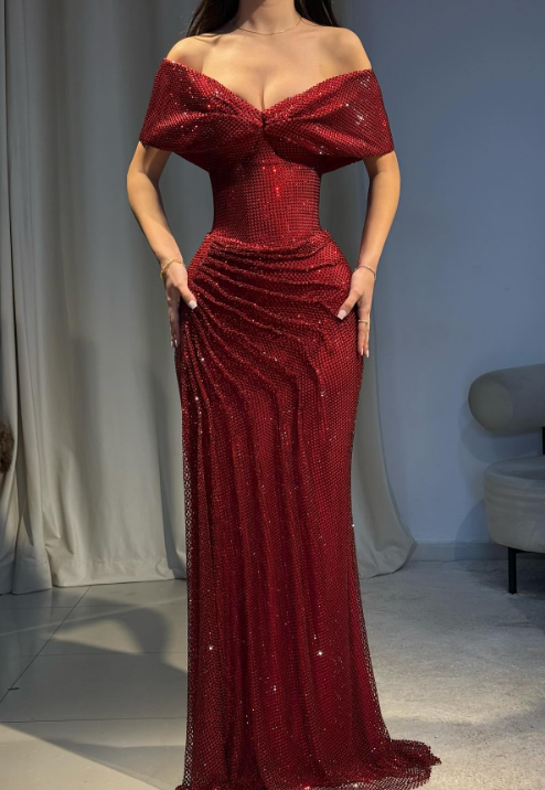 Chic Off-shoulder Sheath Long  Prom Dresses Tulle Burgundy Evening Gowns Cup Sleeves Formal Dresses ED05581