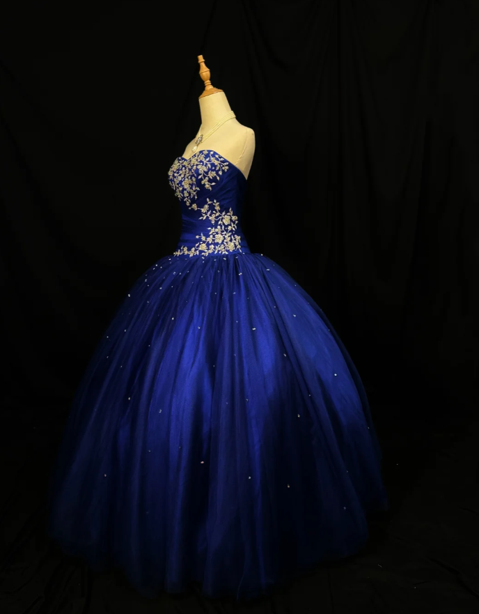 Gorgeous Sweetheart Ball Gown Tulle Long  Prom Dresses Applique Blue Birthday Dresses Sleeveless Sweet 16 Dresses  ED05584