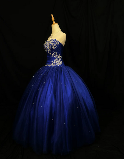 Gorgeous Sweetheart Ball Gown Tulle Long  Prom Dresses Applique Blue Birthday Dresses Sleeveless Sweet 16 Dresses  ED05584