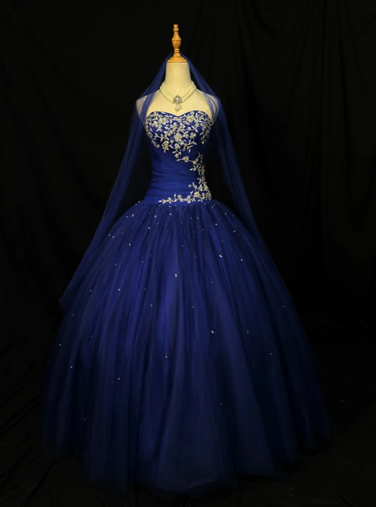 Gorgeous Sweetheart Ball Gown Tulle Long  Prom Dresses Applique Blue Birthday Dresses Sleeveless Sweet 16 Dresses  ED05584