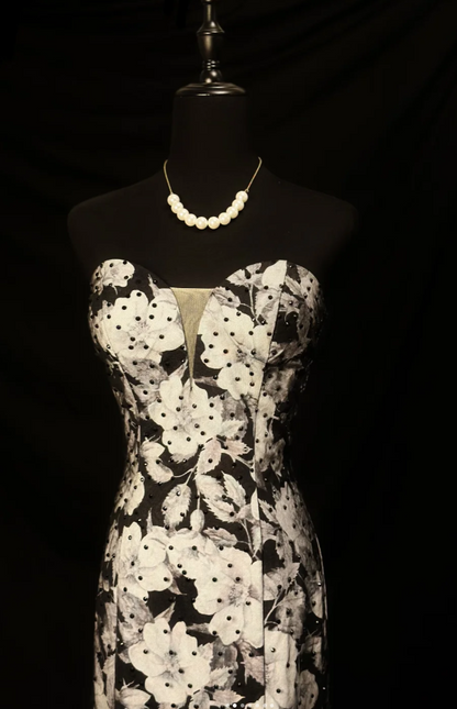 Elegant Strapless Mermaid Long Prom Dresses Satin Floral Evening Dresses  ED05585