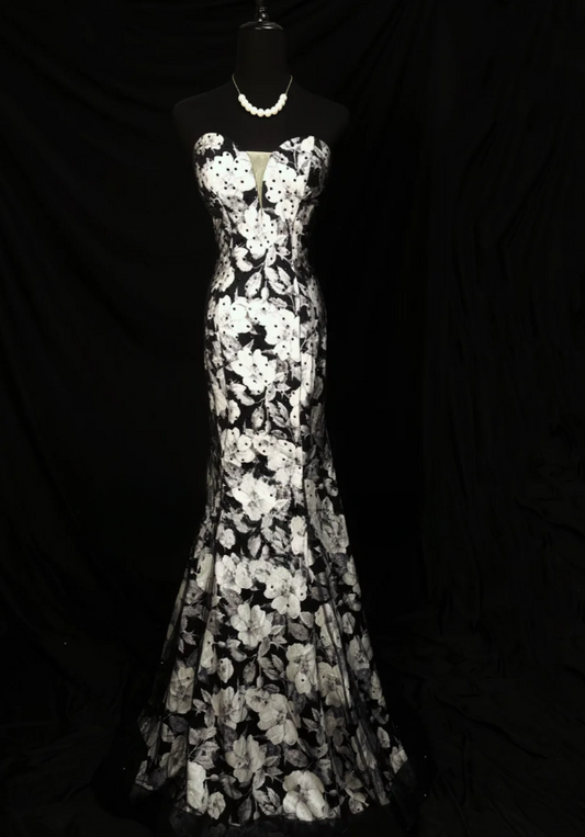 Elegant Strapless Mermaid Long Prom Dresses Satin Floral Evening Dresses  ED05585