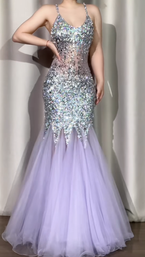 Gorgeous Spaghetti Straps Mermaid Long Prom Dresses Tulle Sequins Purple Evening Gowns Backless Formal Dresses ED05590