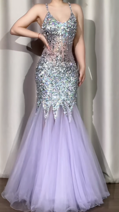 Gorgeous Spaghetti Straps Mermaid Long Prom Dresses Tulle Sequins Purple Evening Gowns Backless Formal Dresses ED05590