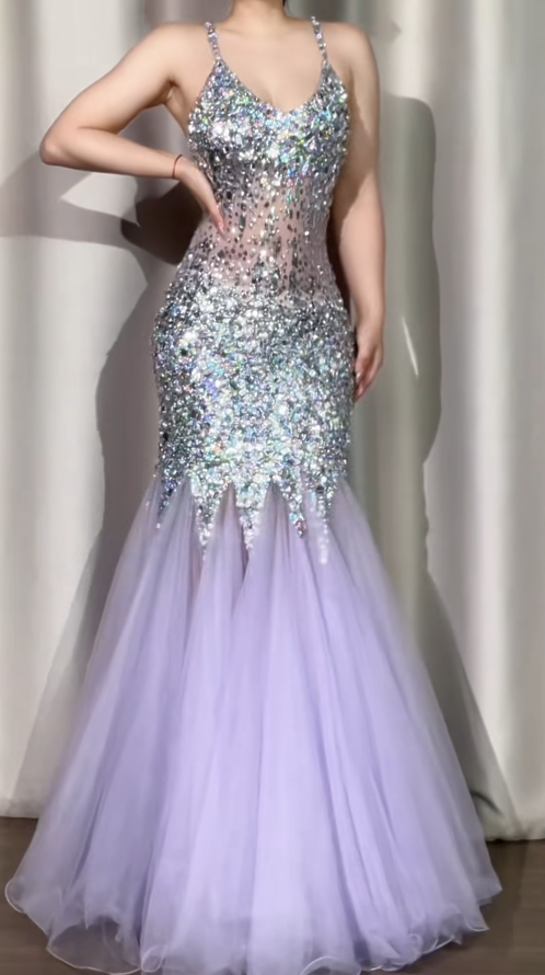 Gorgeous Spaghetti Straps Mermaid Long Prom Dresses Tulle Sequins Purple Evening Gowns Backless Formal Dresses ED05590