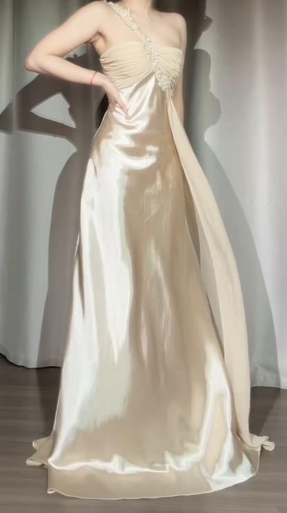 Chic One-shoulder Sheath Long Prom Dresses Satin Light Champagne Evening Gowns Backless Formal Dresses ED05591