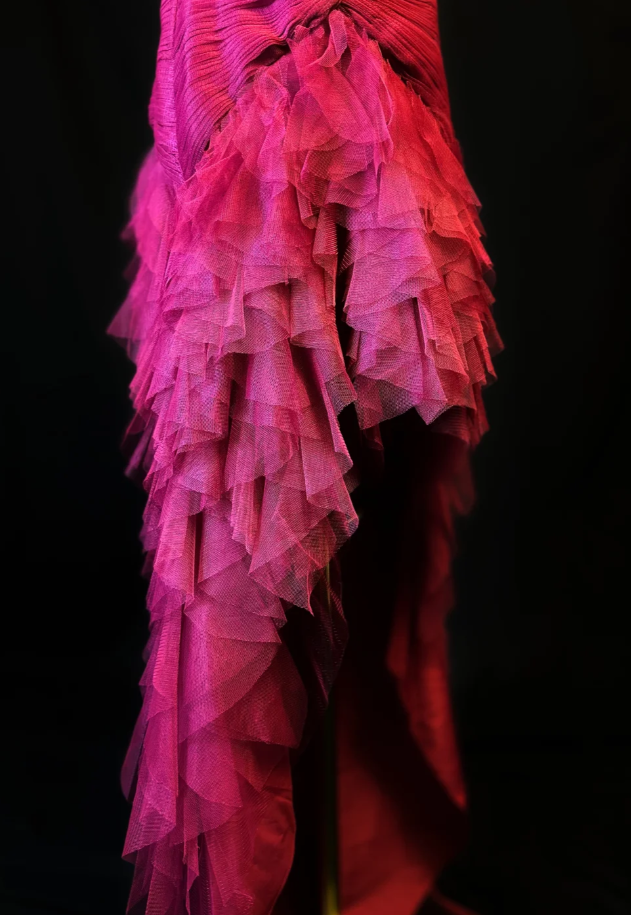 Chic Sweetheart Sheath Long Prom Dresses Tulle Fuchsia Evening Gowns Sleeveless Birthday Dresses ED05592