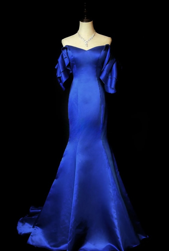Elegant Off-shoulder Mermaid Long Prom Dresses Satin Royal Blue Evening Gowns Sleeveless Formal Dresses ED05593