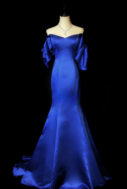Elegant Off-shoulder Mermaid Long Prom Dresses Satin Royal Blue Evening Gowns Sleeveless Formal Dresses ED05593