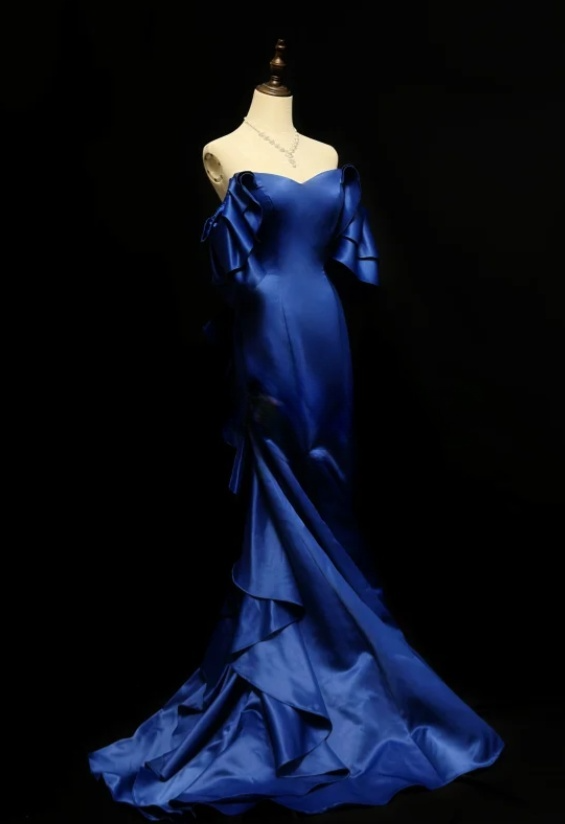 Elegant Off-shoulder Mermaid Long Prom Dresses Satin Royal Blue Evening Gowns Sleeveless Formal Dresses ED05593