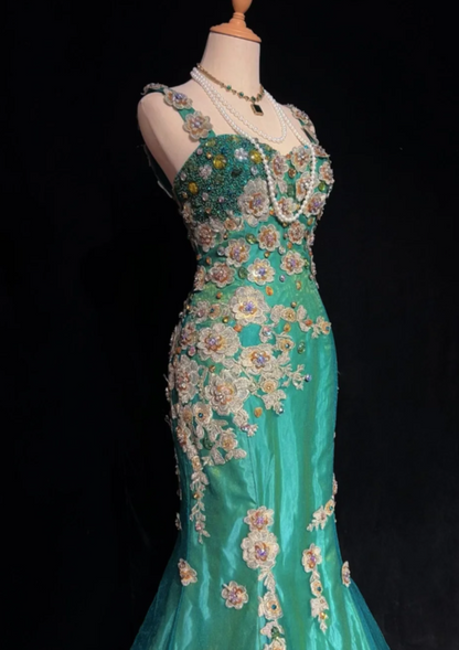 Chic Straps Mermaid Long Prom Dresses, Tulle Appliques Green Evening Gowns ED05597