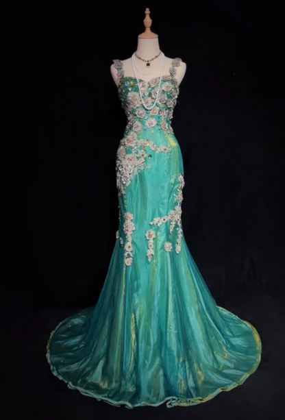 Chic Straps Mermaid Long Prom Dresses, Tulle Appliques Green Evening Gowns ED05597