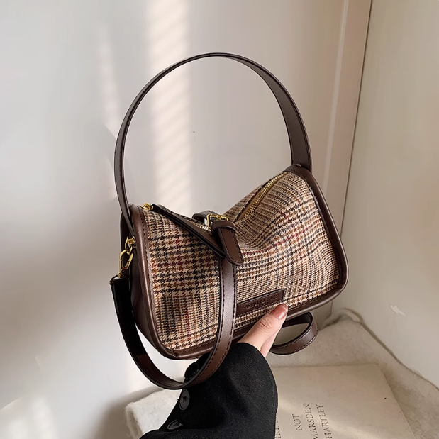 Sac fourre-tout polyvalent à bandoulière rétro à carreaux ED0559