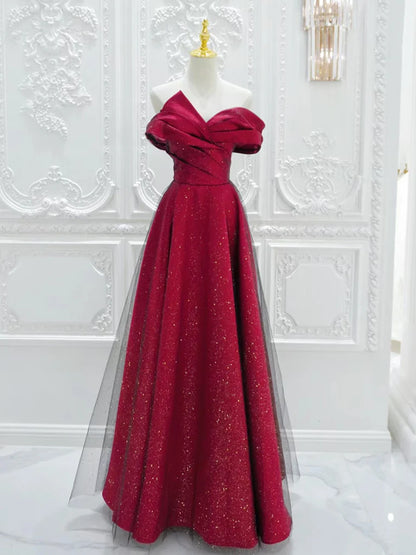 Robe de bal longue en satin et tulle bordeaux, coupe trapèze, épaules dénudées, ED056