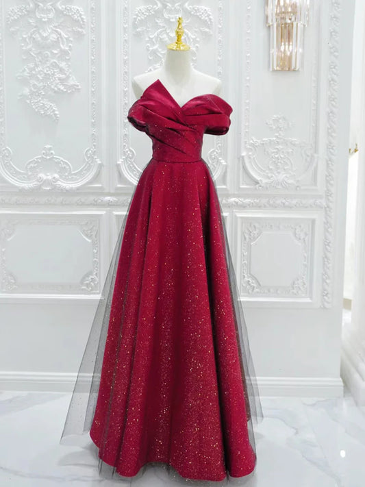 A-Line Off Shoulder Satin  Tulle Burgundy Long Prom Dress ED056