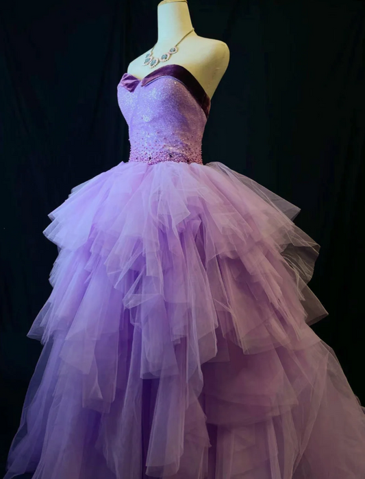 Cute Strapless A-Line Long Prom Dresses, Tulle Purple Quinceanera Dresses  Sleeveless Sweet 16 Dresses ED05603