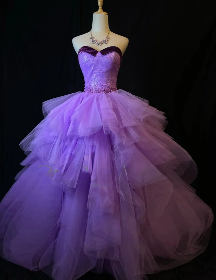 Cute Strapless A-Line Long Prom Dresses, Tulle Purple Quinceanera Dresses  Sleeveless Sweet 16 Dresses ED05603